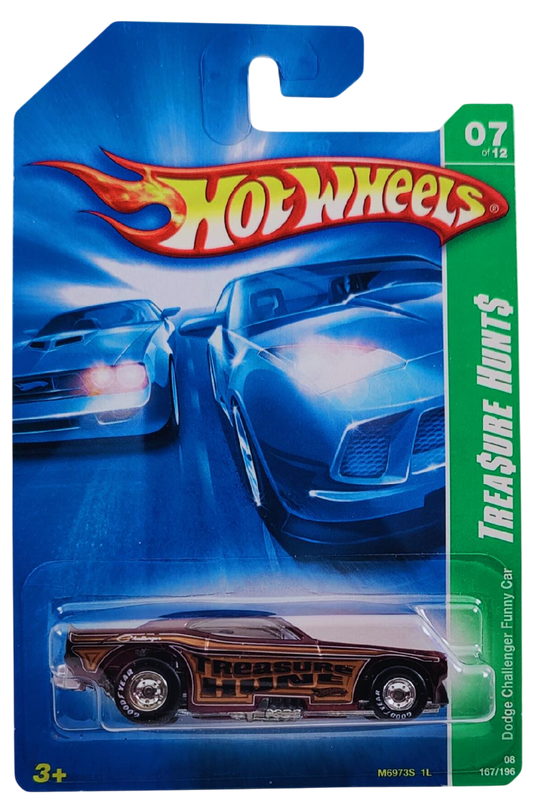 Hot Wheels 2008 - Collector # 167/196 - SUPER Treasure Hunts 07/12 - Dodge Challenger Funny Car - Spectraflame Brown - Real Riders - Body Lifts Up - USA Card