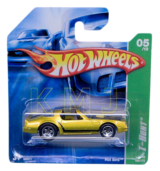 Hot Wheels 2008 - Collector # 165/172 - T-Hunt 5/12 - Hot Bird (Pontiac Firebird) - Gold with Black Stripes & Bird on Hood - 5 Spoke Wheels - International Short Card
