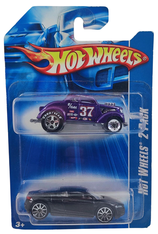 Hot Wheels 2008 - 2 Pack - Passin' Gasser / Purple / 5 Spokes on Good Year Tires & Audi R8 / Black Metalflake / 10 Spoke Wheels - Blister Card has some wear