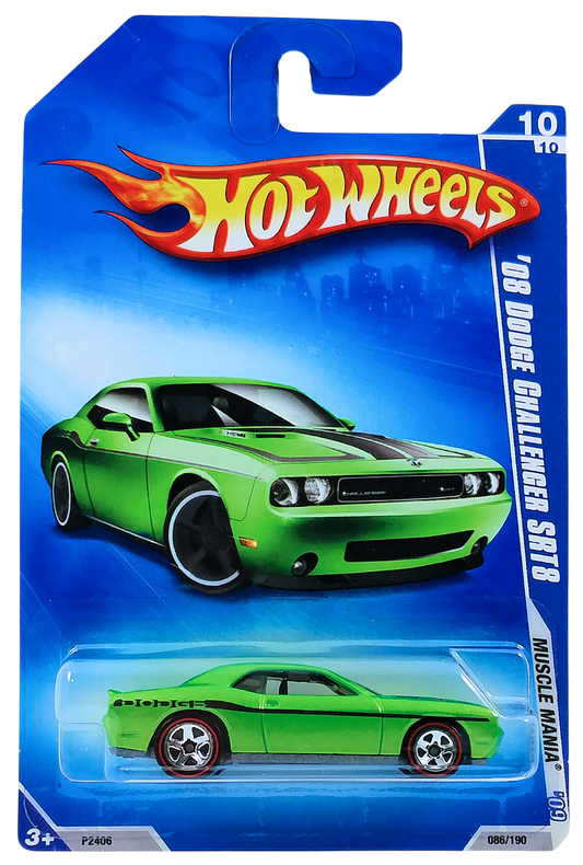 Hot Wheels 2009 - Collector # 086/190 - Muscle Mania 10/10 - '08 Dodge Challenger SRT8 - Green - Redline Tires - Walmart Exclusive - USA Card