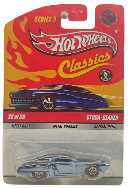 Hot Wheels 2009 - Classics Series 5 # 28/30 - Studa-Beaker - Spectraflame Steel Blue - Metal/Metal & Real Riders - CHASE - Foil Card - NEW Casting!