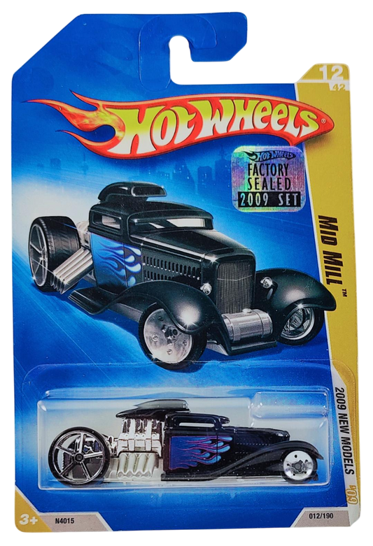 Hot Wheels 2009 - Collector # 012/190 - New Models 12/42 - Mid Mill - Black / Flames - USA Card with Factory Set Sticker