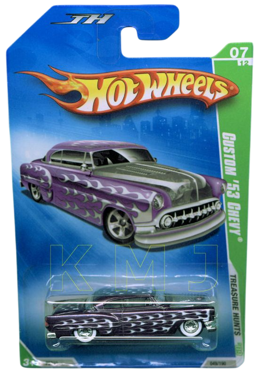 Hot Wheels 2009 - Collector # 049/190 - SUPER Treasure Hunts 7/12 - Custom '53 Chevy - Spectraflame Purple with Flames - Real Riders on White Walls - USA Card