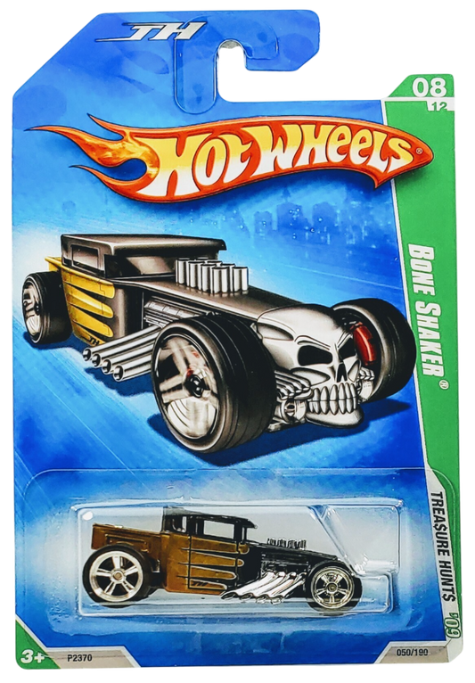 Hot Wheels 2009 - Collector # 050/190 - SUPER Treasure Hunts 08/12 - Bone Shaker - Spectraflame Gold with Black Scallops - Real Riders - USA Card