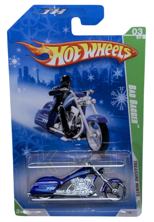Hot Wheels 2009 - Collector # 045/190 - Treasure Hunts 03/12 - Bad Bagger (Motorcycle Chopper) - Blue - 3 Spokes - Target Exclusive - USA 'Snowflake' Card