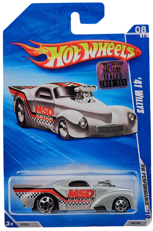 Hot Wheels 2010 - Collector # 106/240 - HW Performance 8/10 - '41 Willys - Silver / MSD Ignition - BF Goodrich Tires which is a Walmart Exclusive - USA Card with Factory Sticker