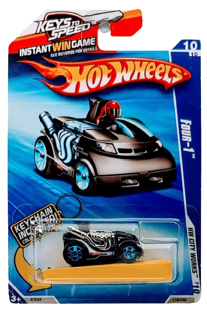 Hot Wheels 2010 - Collector # 118/240 - HW City Works 10/10 - Four-1 - Black - Blue 5 Spokes - USA Instant Win Card with Key Chain