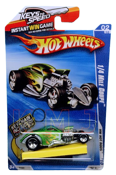 Hot Wheels 2010 - Collector # 140/240 - HW Hot Rods 2/10 - 1/4 Mile Coupe - Green Metallic with Flames - USA Instant Win Card with Key Chain