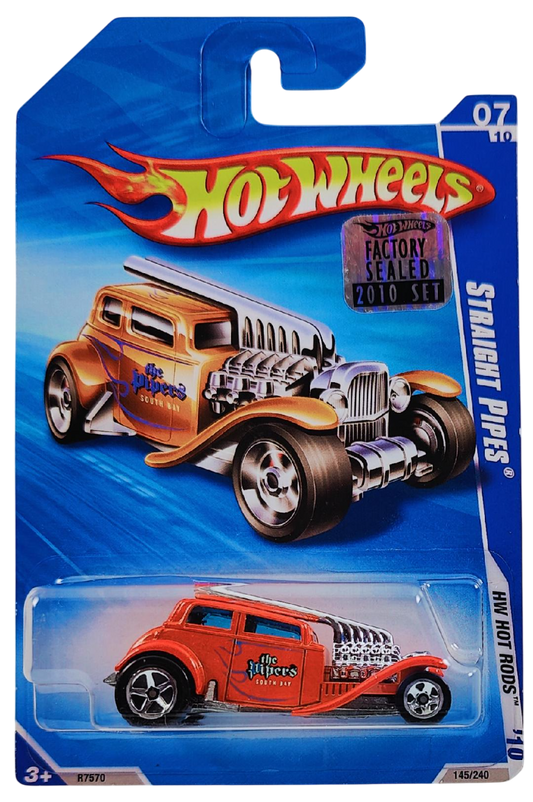 Hot Wheels 2010 - Collector # 145/240 - HW Hot Rods 7/10 - Straight Pipes - Orange / 'The Pipers' South Bay - USA Card with Factory Set Sticker