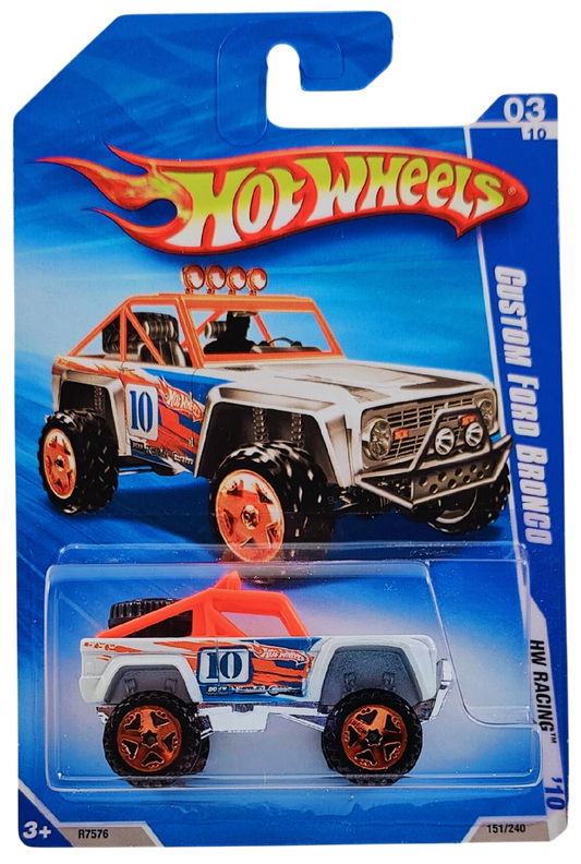 Hot Wheels 2010 - Collector # 151/240 - HW Racing 3/10 - Custom Ford Bronco - White / #10 - Chrome Orange OR5Sp Wheels - USA Card
