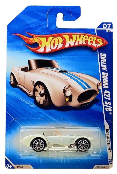 Hot Wheels 2010 - Collector # 165/240 - Hot Auction 7/10 - Shelby Cobra 427 S/C - White / Blue Racing Stripes - 10 Spoke Wheels - Opening Hood - USA Card