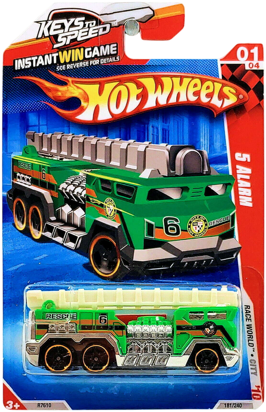 Hot Wheels 2010 - Collector # 181/240 - Race World / City 1/4 - 5 Alarm (Fire Truck) - Neon Green - USA '11 Keys to Speed Card