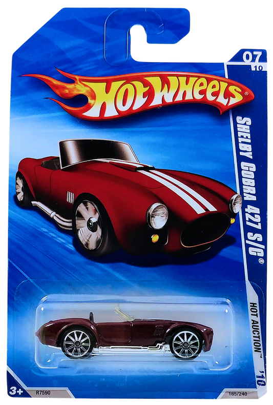 Hot Wheels 2010 - Collector # 165/240 - Hot Auction 7/10 - Shelby Cobra 427 S/C - Dark Red / White Racing Stripes - 10 Spoke Wheels - Opening Hood - USA Card
