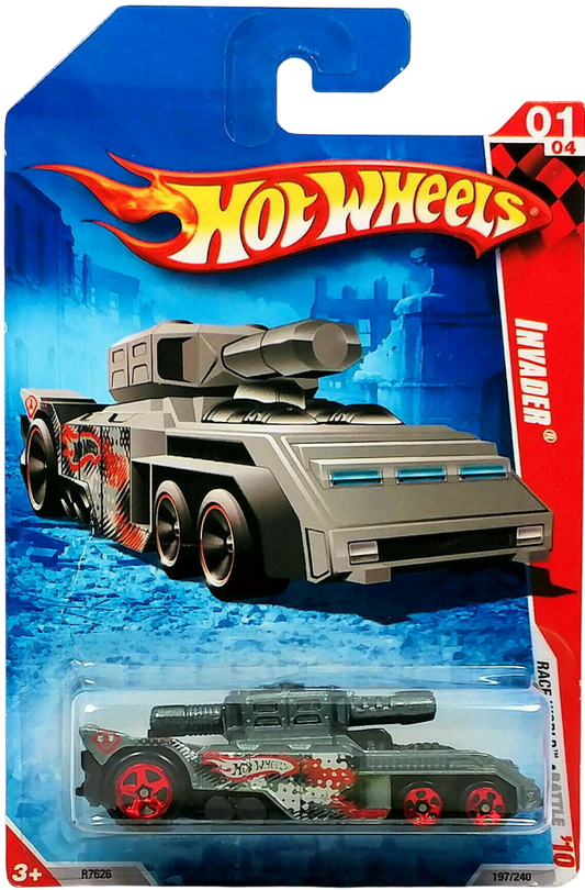Hot Wheels 2010 - Collector # 197/240 - Race World / Battle 1/4 - Invader (Tank) - Gray Camo - USA '11 Card