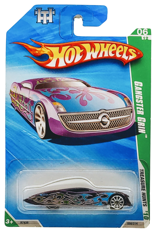 Hot Wheels 2010 - Collector # 058/214 - Treasure Hunts 6/12 - Gangster Grin - Purple Metalflake with Flames - 10 Spoke Wheels - International Card