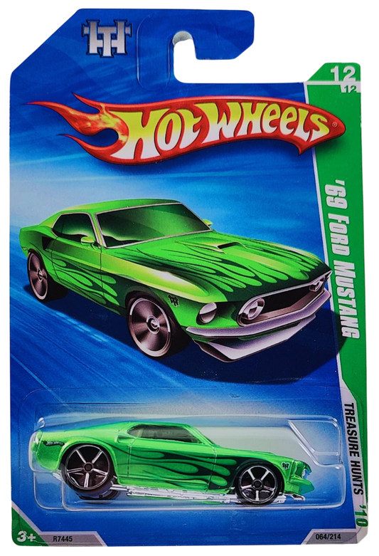 Hot Wheels 2010 - Collector # 064/214 - Treasure Hunts 12/12 - '69 Ford Mustang - Lime Green & Flames - International Card