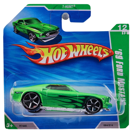 Hot Wheels 2010 - Collector # 064/214 - Treasure Hunts 12/12 - '69 Ford Mustang - Lime Green & Flames - International Short Card