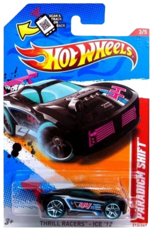 Hot Wheels 2012 - Collector # 213/247 - Thrill Racers / Ice 3/5 - Paradigm Shift - Black / # 44 - Transparent Blue Tires - USA Card