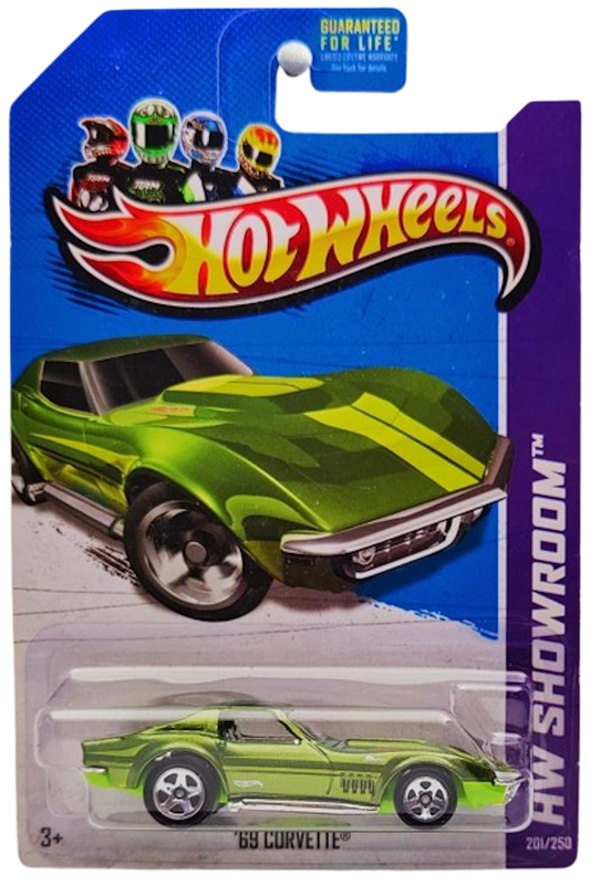 Hot Wheels 2013 - Collector # 201/250 - HW Showroom / Corvette 60th - '69 Corvette - Metalflake Green - 5 Spoke Wheels - KMart Exclusive - USA Card