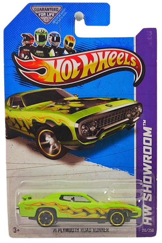 Hot Wheels 2013 - Collector # 215/250 - HW Showroom / Heat Fleet - '71 Plymouth Road Runner - Lime Green / Flames - KMart Exclusive - USA Card