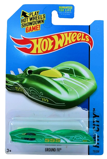 Hot Wheels 2014 - Collector # 073/250 - HW City / Planet Heroes - Ground FX - Satin Green / #555 - Body Lifts Off - USA 'Showdown' Card