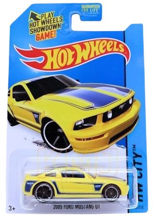Hot Wheels 2014 - Collector # 092/250 - HW City / Mustang 50th - 2005 Ford Mustang GT - Yellow / Blue Stripes - OH5SP Wheels - USA Card