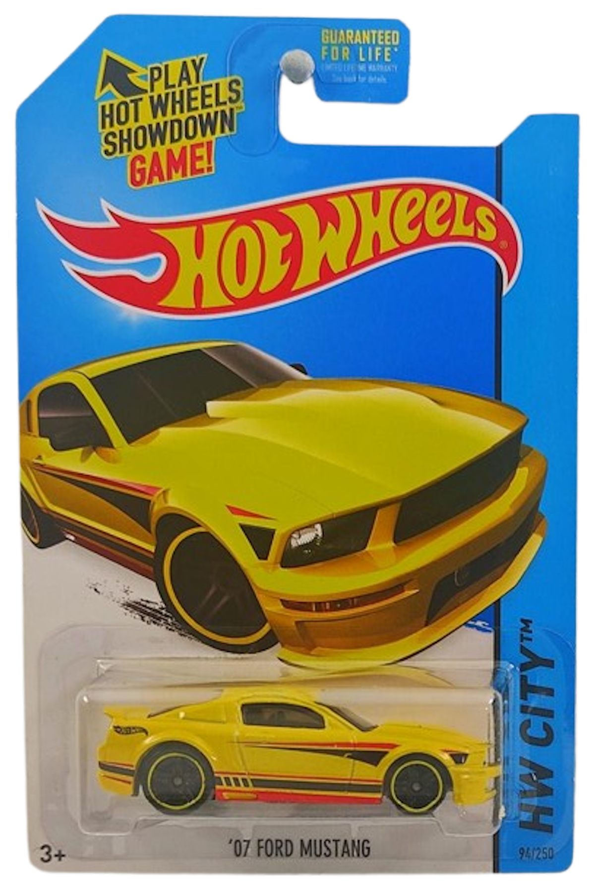 Hot Wheels 2014 - Collector # 095/250 - HW City / Mustang 50th - '07 Ford Mustang - Yellow / Red & Black Stripes - PR5 Wheels - KMart Exclusives - USA Card