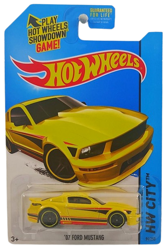 Hot Wheels 2014 - Collector # 095/250 - HW City / Mustang 50th - '07 Ford Mustang - Yellow / Red & Black Stripes - PR5 Wheels - KMart Exclusives - USA Card