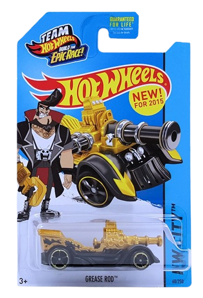 Hot Wheels 2015 - Collector # 060/250 - HW City / Tooned / New Models - Grease Rod - Gold - USA 'Epic Race' Card