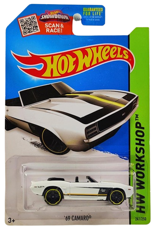 Hot Wheels 2015 - Collector # 241/250 - HW Workshop / Then and Now - '69 Camaro (Convertible) - White / Black & Yellow Stripes - Black PR5 Wheels - USA 'Scan & Race' Card