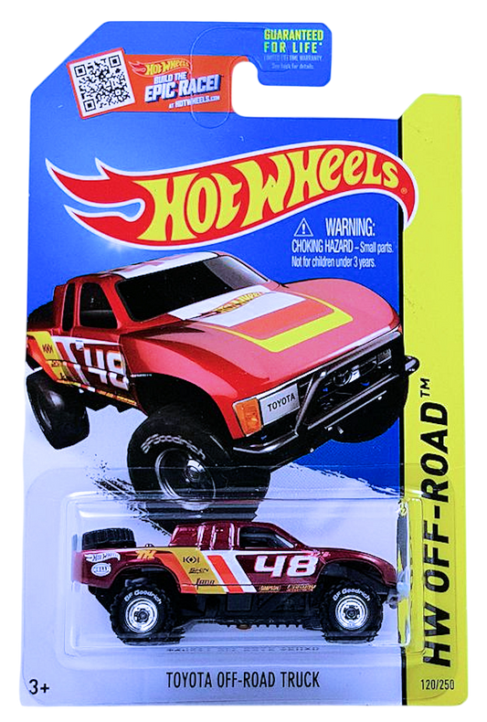 Hot Wheels 2015 - Collector # 120/250 - HW Off-Road / HW Hot Trucks / SUPER Treasure Hunts - Toyota Off-Road Truck - Spectraflame Red / #48 - Real Rider Off-Road Tires & Wheels - USA 'Epic Race!' Card
