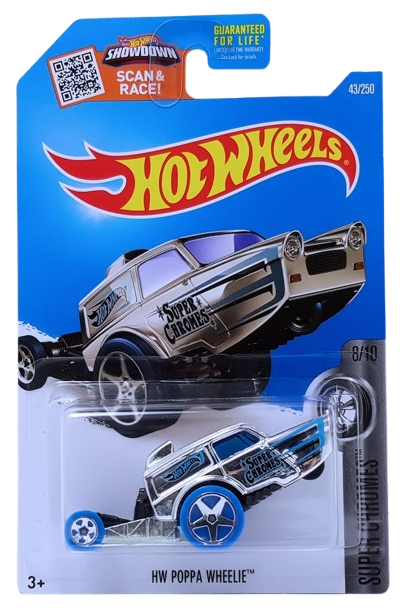 Hot Wheels 2016 - Collector # 043/250 - Super Chromes 8/10 - HW Poppa Wheelie - Chrome / Blue - USA ‘Showdown’ Card