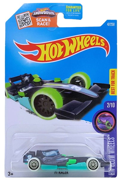 Hot Wheels 2016 Collector 047/250 HW Glow Wheels 2/10 F1 Racer Dark Blue Metalflake Aqua USA ‘Showdown’ Card