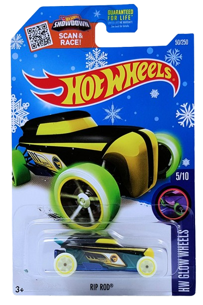 Hot Wheels 2016 - Collector # 050/250 - HW Glow Wheels 5/10 - Treasure Hunts - Rip Rod - Matte Black Body / Blue Base / Circle Flame Logo on Sides - USA ‘Showdown - Snowflake’ Card only at Target