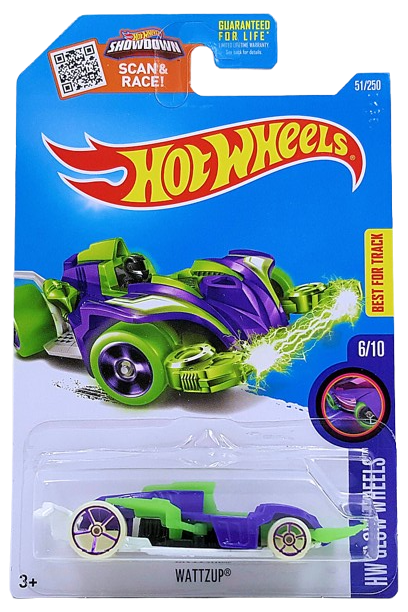 Hot Wheels 2016 - Collector # 051/250 - HW Glow Wheels 6/10 - Wattzup - Purple & Green Body / White Base - USA ‘Showdown’ Card