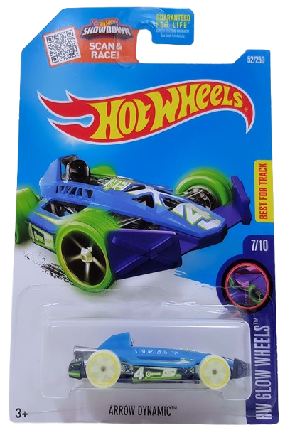 Hot Wheels 2016 - Collector # 052/250 - HW Glow Wheels 7/10 - Arrow Dynamic - Blue Body / Dark Blue Base - USA ‘Showdown’ Card