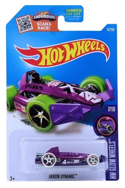 Hot Wheels 2016 - Collector # 052/250 - HW Glow Wheels 7/10 - Arrow Dynamic - Magenta Body / Purple Base - USA ‘Showdown’ Card