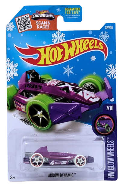 Hot Wheels 2016 - Collector # 052/250 - HW Glow Wheels 7/10 - Arrow Dynamic - Magenta Body / Purple Base - USA ‘Showdown - Snowflake’ Card only at Target