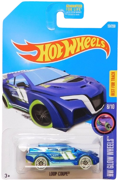 Hot Wheels 2016 - Collector # 053/250 - HW Glow Wheels 8/10 - Loop Coupe - Blue Metalflake Body / Green Base - USA ‘Showdown’ Card