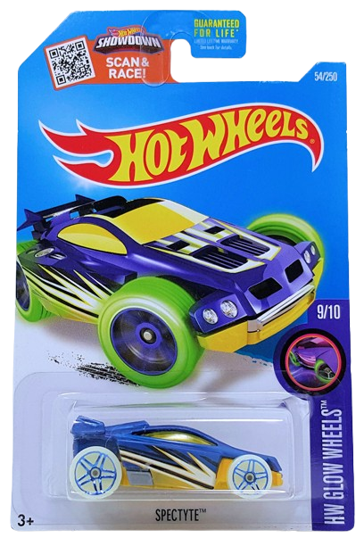 Hot Wheels 2016 - Collector # 054/250 - HW Glow Wheels 9/10 - Spectyte - Blue Body / Yellow Base - USA ‘Showdown’ Card