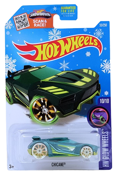Hot Wheels 2016 - Collector # 055/250 - HW Glow Wheels 10/10 - Chicane - Metalflake Sea Green Body / Green Base - USA ‘Showdown - Snowflake’ Card only at Target