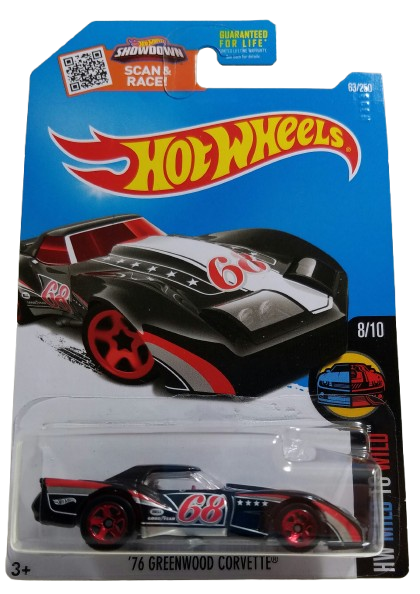 Hot Wheels 2016 - Collector # 063/250 - HW Mild to Wild 8/10 - '76 Greenwood Corvette - Black / #68 - USA ‘Showdown’ Card
