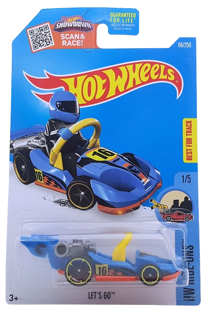 Hot Wheels 2016 - Collector # 066/250 - HW Ride-Ons 1/5 - Treasure Hunts - Let's Go - Blue Body / Orange Base / Circle Flame Logo on Wing - USA ‘Showdown’ Card