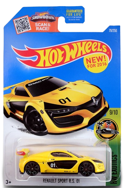 Hot Wheels 2016 - Collector # 079/250 - HW Exotics 9/10 - New Models - Renault Sport R.S. 01 - Yellow Body / Black Base - USA ‘Showdown’ Card