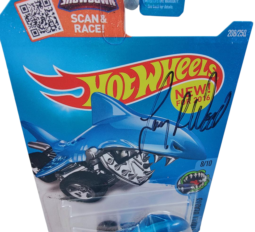 Hot Wheels 2016 - Collector # 208/250 - Street Beasts 8/10 - New Models - Shark Bite - Blue - USA Card signed by 'Larry Wood'