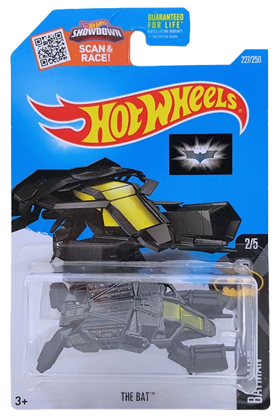 Hot Wheels 2016 - Collector # 227/250 - Batman 2/5 - The Bat - Black Metalflake - Yellow Windshield - USA 'Showdown - Batman' Card