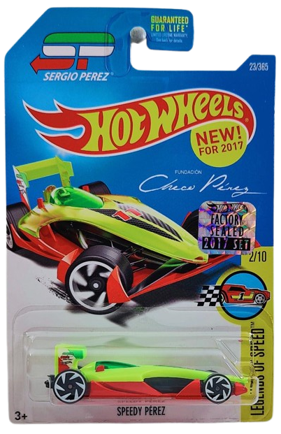 Hot Wheels 2017 - Collector # 023/365 - Legends of Speed 02/10 - New Models - Speedy Pérez - Bright Yellow Body / Red Base / #11 - USA 'Sergio Perez' Card with Factory Set Sticker