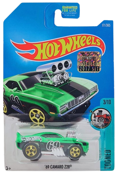 Hot Wheels 2017 - Collector # 171/365 - Tooned 3/10 - '69 Camaro Z28 - Satin Green / #69 - USA Card with Factory Set Sticker