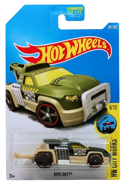 Hot Wheels 2017 - Collector # 261/365 - HW City Works 9/10 - Repo Duty (Tow Truck) - Matte Olive Drab / 'Towing 24hr' - PR5 Wheels - USA Card