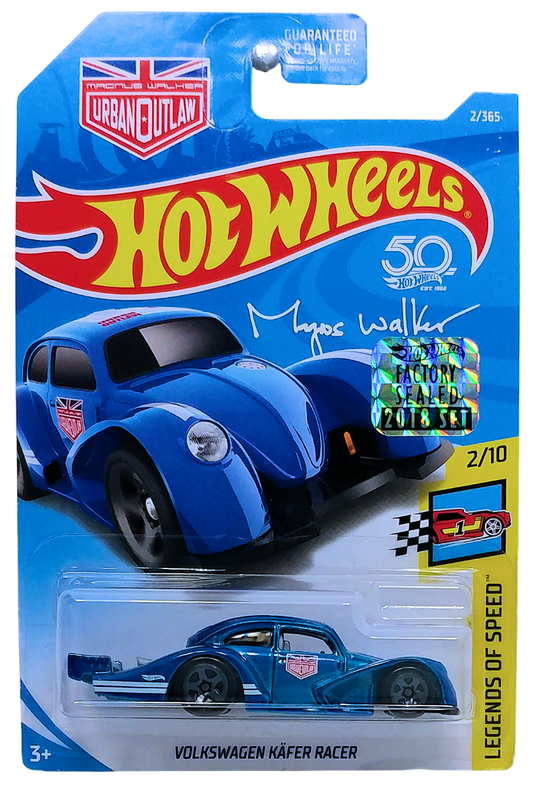 Hot Wheels 2018 - Collector # 002/365 - Legends of Speed 2/10 - Volkswagen Käfer Racer - Blue Metalflake / Urban Outlaw - USA Card with Factory Set Sticker